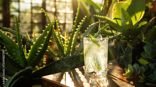 Refreshing aloe vera drink with ice amidst sunlit greenhouse plants