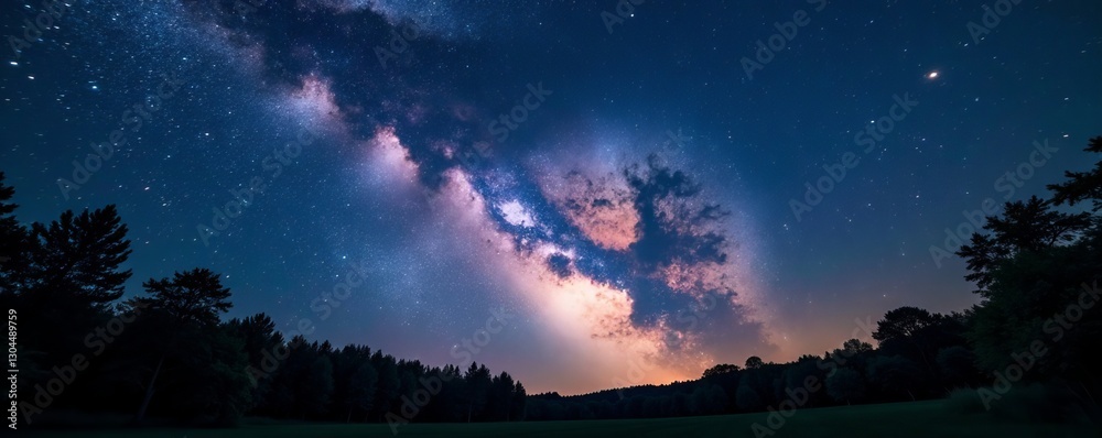 Fototapeta premium Majestic Milky Way galaxy illuminating dark night sky over trees, astronomy, landscape, space