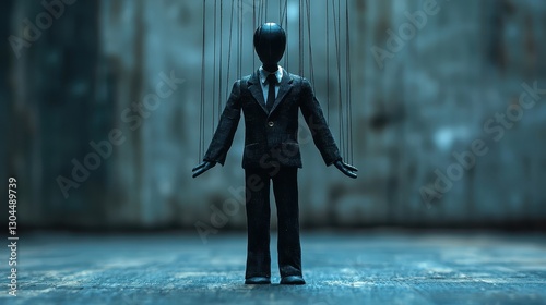 Dark environment abandoned warehouse puppet master sculpture with low angle manipulation