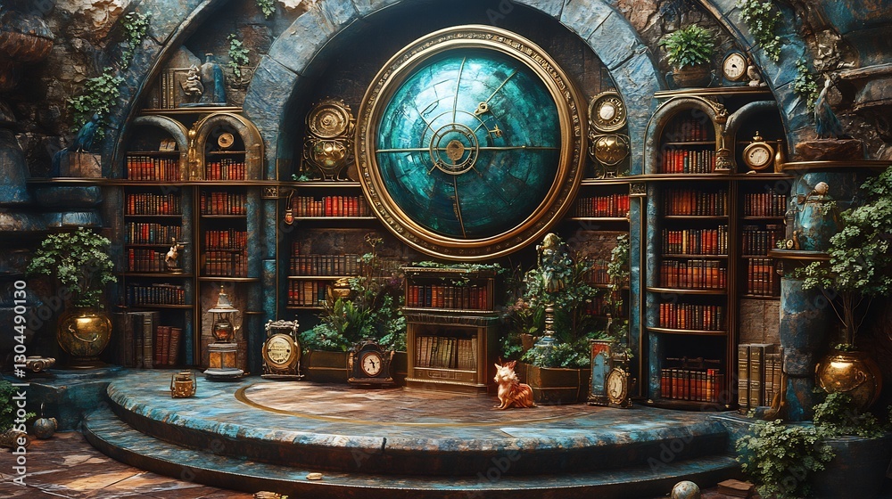 Obraz premium Enchanted Library Interior Soft Light Mysterious Ambiance. AI Generated