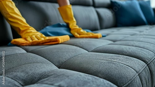 sofa cleaning: gloved hand wiping the fabric
