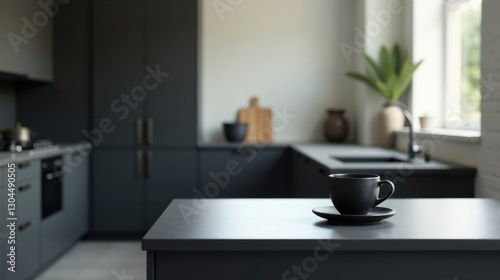 Wallpaper Mural A dark gray kitchen island's sleek countertop displays a single dark gray coffee cup and saucer, the backdrop featuring a stylish, modern kitchen with dark gray cabinetry and subtle natural elements Torontodigital.ca
