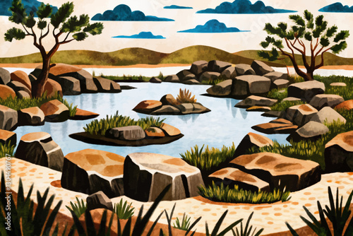 hot wild savanna landscape with trees and lake abstract cartoon illustration