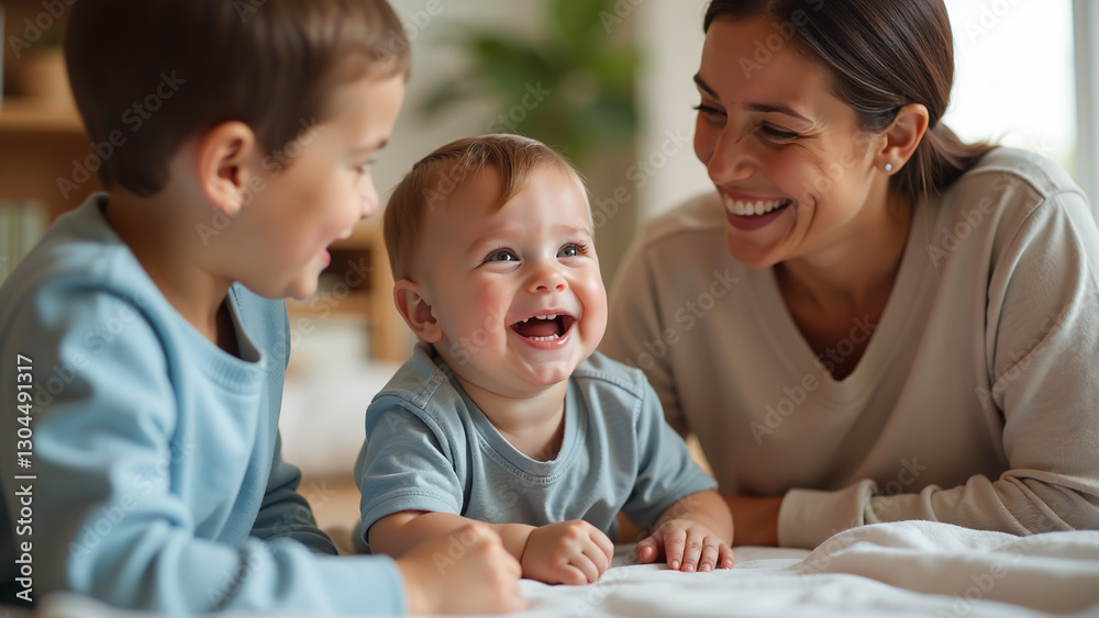 adorable young boy laughs chats family member carefree playtime home surrounded love adorable young boy laughs chats family member carefree playtime home surrounded love