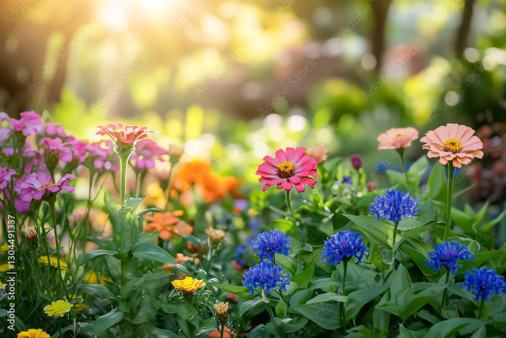 Obraz premium A vibrant garden filled with colorful flowers, including zinnias and bluebells, basking in the warm sunlight on an Easter morning.