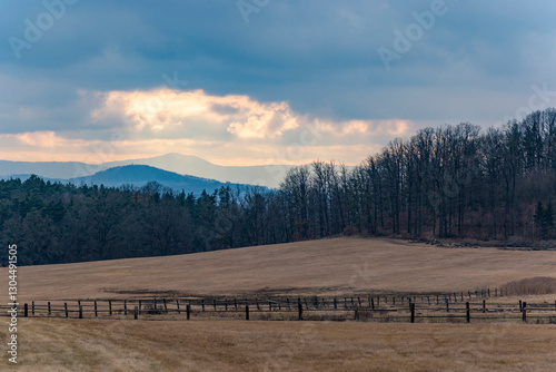 Forests, fields, and mountains on the horizon in early spring