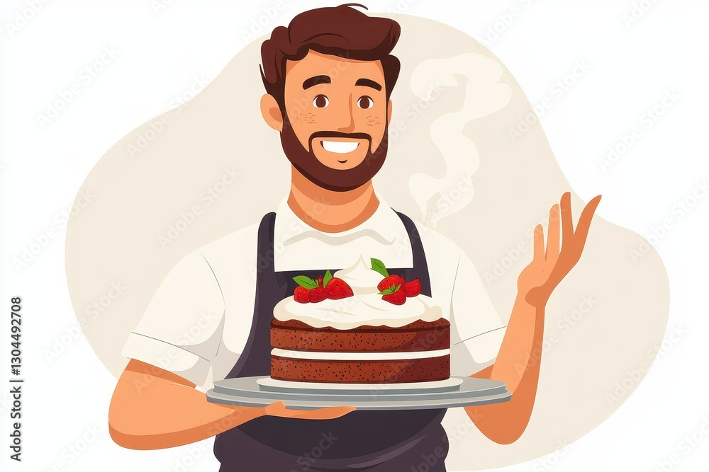 Cheerful Baker Holding Delicious Chocolate Cake with Strawberries Cheerful Baker Holding Delicious Chocolate Cake with Strawberries