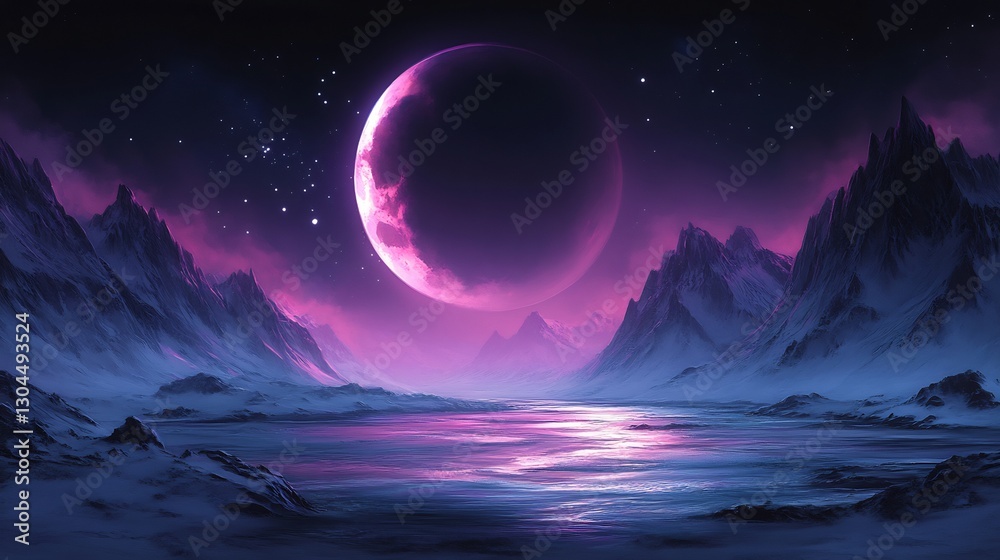 Naklejka premium Pink moon glows softly over serene snow covered mountains. AI Generated