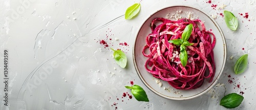 Vibrant beetroot pasta dish with fresh basil garnish on textured surface photo