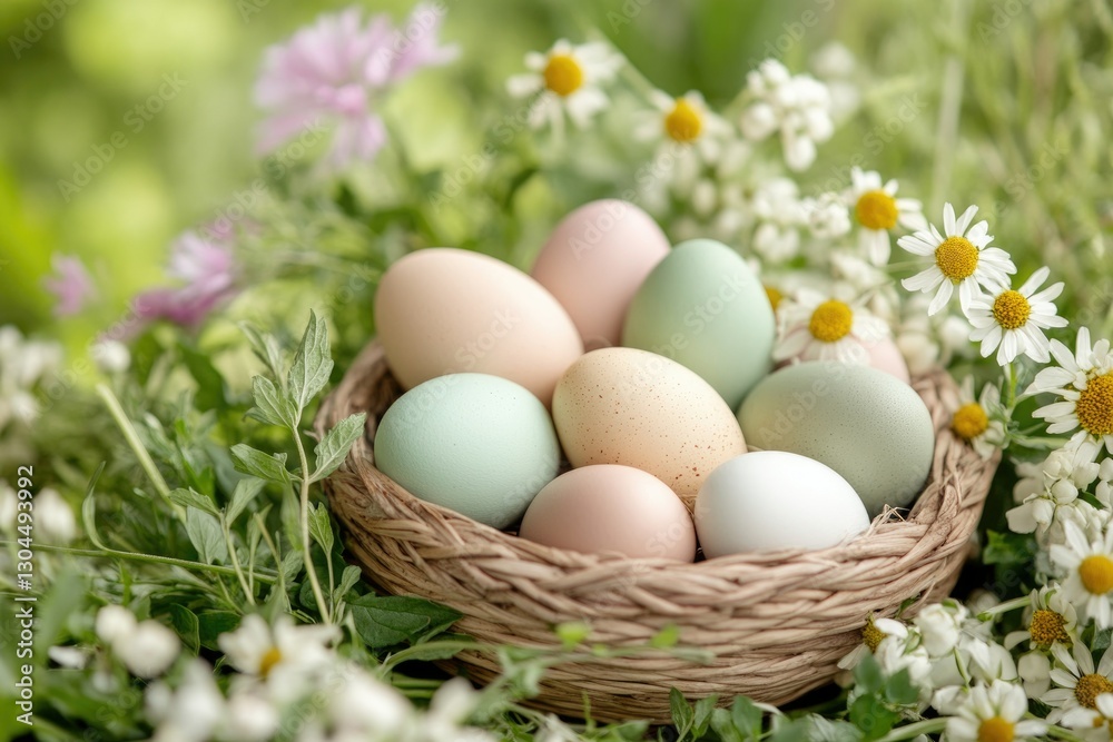 Close-up of colorful painted eggs and flowers for easter decoration and celebration Close-up of colorful painted eggs and flowers for easter decoration and celebration