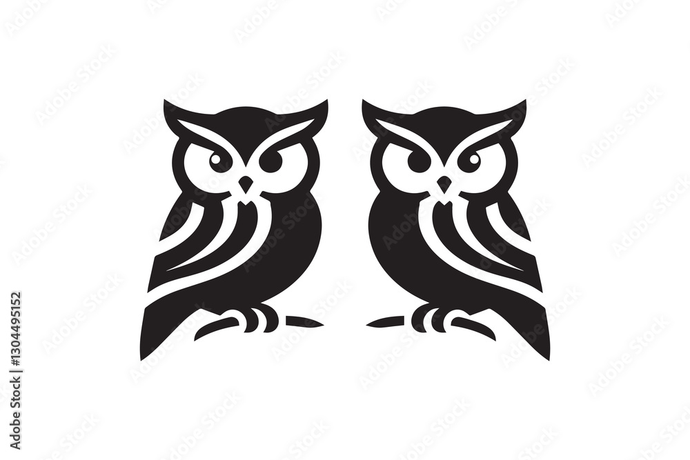 Fototapeta premium Owl head icon silhouette vector illustration in black and white, set against a white background