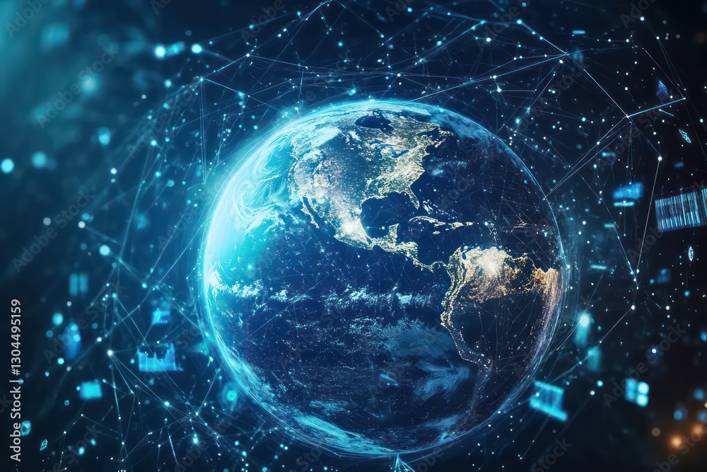 Naklejka premium A futuristic 4K image of Earth surrounded by a network of data streams, showing the integration of technology and global communication.