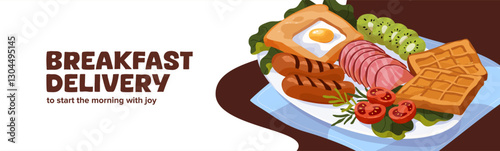 Design of eating delivery from restaurants advertising banner. Promotion of meal in cafe. Food composition of English breakfast with toast, scrambled egg, sausages, waffles. Flat vector illustrations