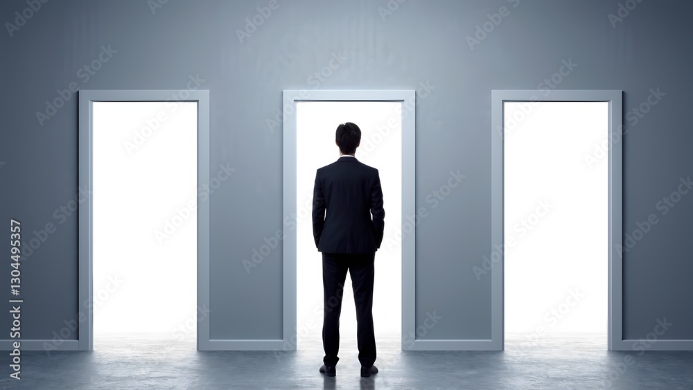 Fototapeta premium Choosing paths a businessman contemplates options in a minimalistic office environment motivational concept