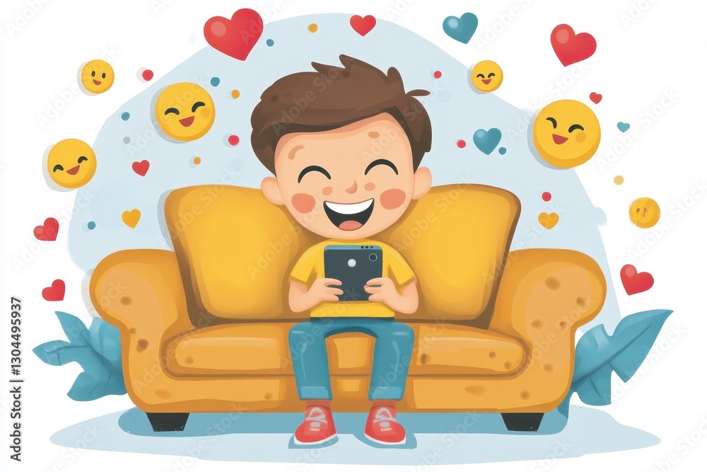 Happy Child Playing with Smartphone Surrounded by Fun Emojis Happy Child Playing with Smartphone Surrounded by Fun Emojis
