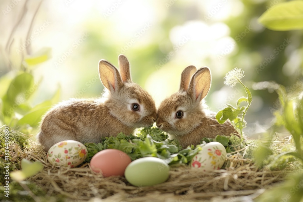 Obraz premium Adorable baby rabbits nibbling on fresh greens amidst easter scenery