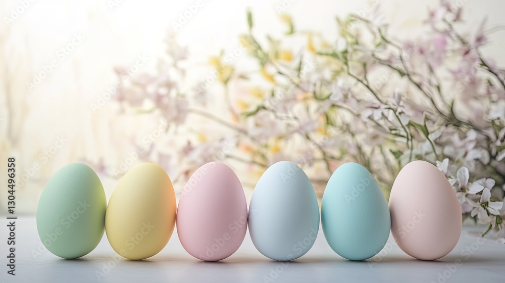 Pastel Easter eggs aligned harmoniously, surrounded by delicate Pastel Easter eggs aligned harmoniously, surrounded by delicate