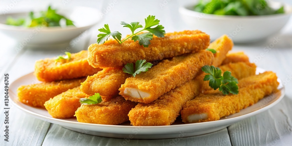 Crispy Homemade Fish Fingers on a Plate - Delicious Seafood Snack Crispy Homemade Fish Fingers on a Plate - Delicious Seafood Snack