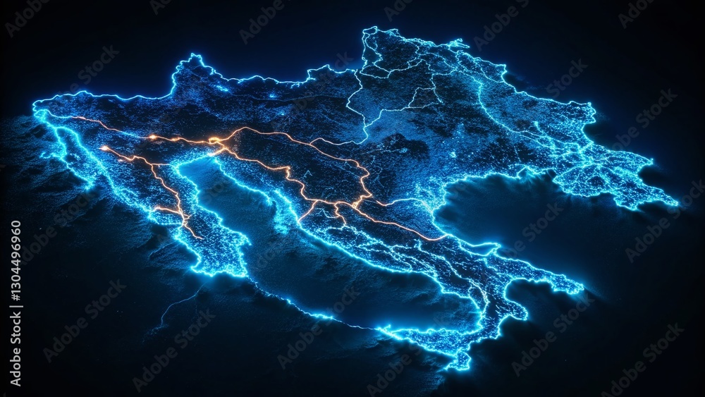 Fototapeta premium Croatia Blue Map: Detailed Border & Geographic Night View