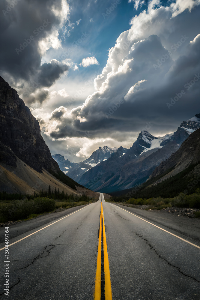 Fototapeta premium Straight Road with Mountains and Clouds