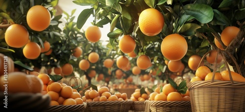 Vibrant orange orchard with ripe fruit hanging from trees and baskets filled with oranges