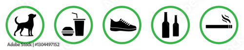 Set of allowed prohibition sign symbol, smoking, eating, shoes, alcohol and no dogs. Prohibited allowed vector sign icon symbol set in green circle. Allowed sign Isolated vector illustration.