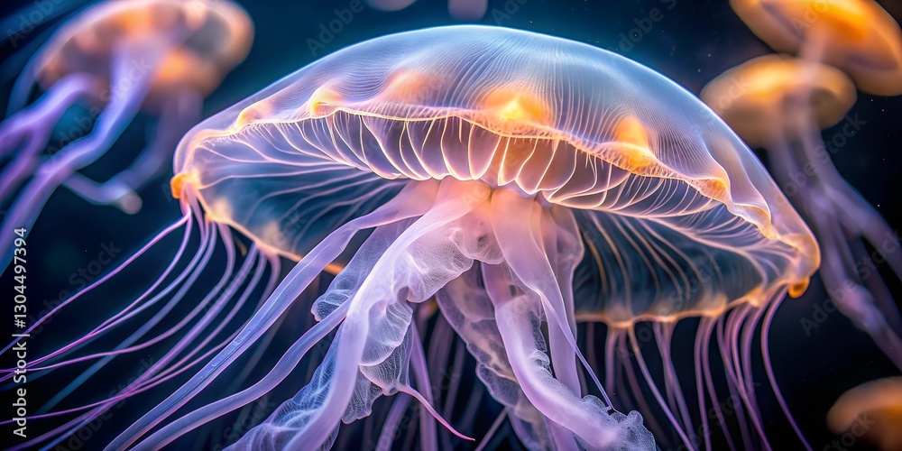 Obraz premium Close-up of a translucent glowing jellyfish showcasing intricate patterns and gentle movement in a dark underwater environment ai, jellyfish, marine, life, underwater, translucent,