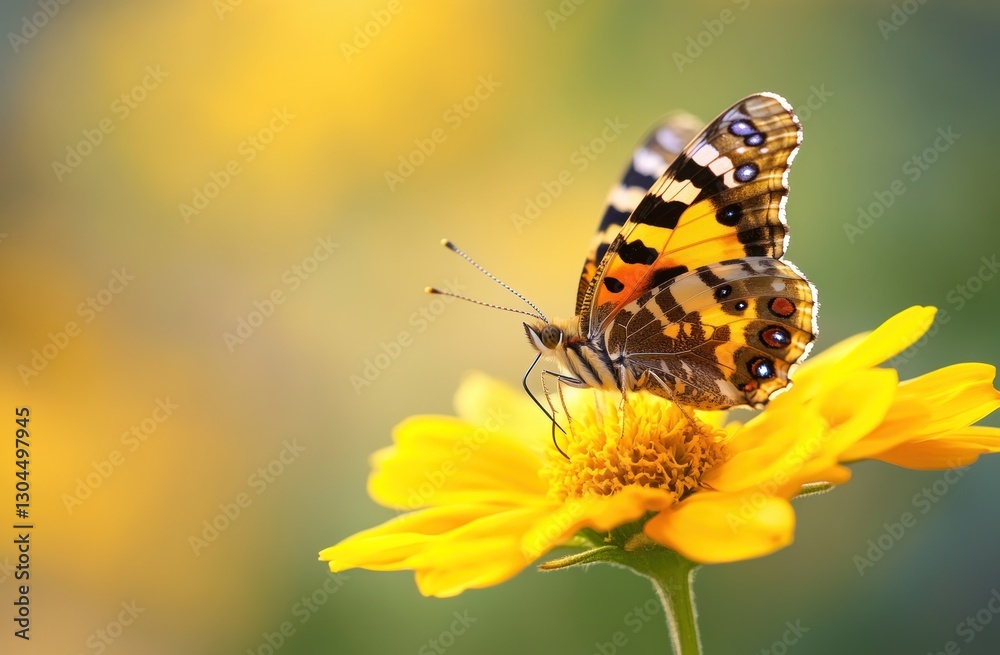 Fototapeta premium Painted lady butterfly on yellow flower. (6)
