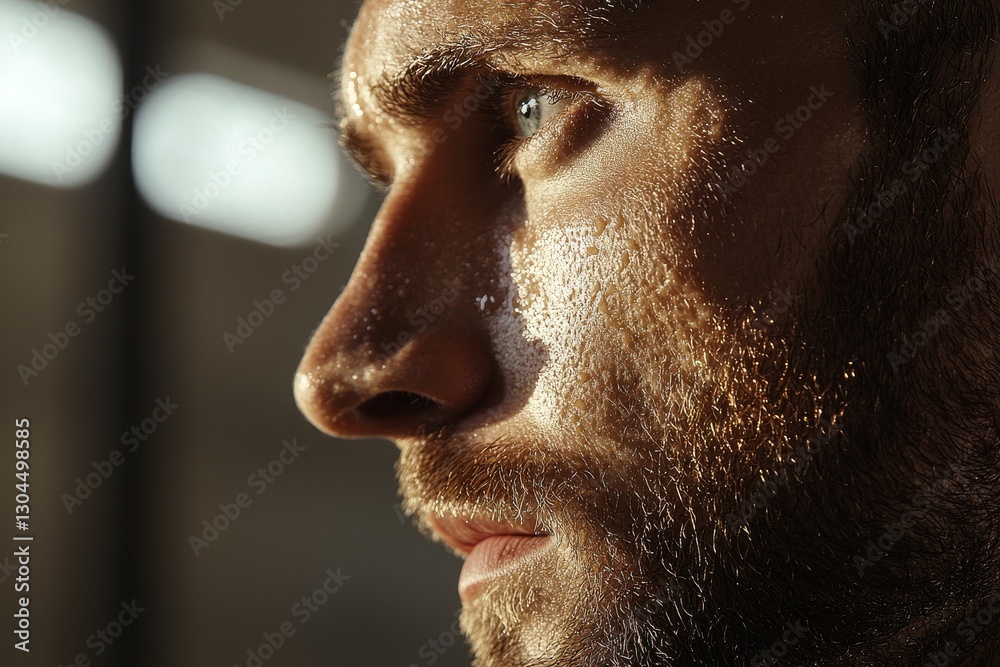 Obraz premium Determination, strength, and athleticism are reflected in the young man's fervent gaze and his physique, which is slick with sweat