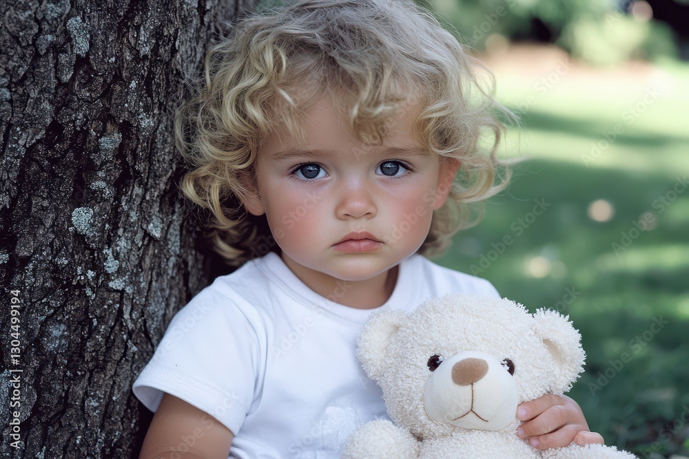 Cute Child with Curly Hair Holding a Teddy Bear by a Tree Cute Child with Curly Hair Holding a Teddy Bear by a Tree