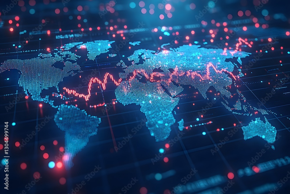 Obraz premium Global Financial Market Analysis with Digital World Map and Data Visualization