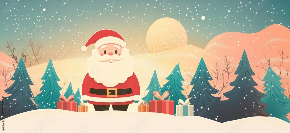 Naklejka premium Santa Claus standing in snowy landscape with Christmas gifts and trees at sunset