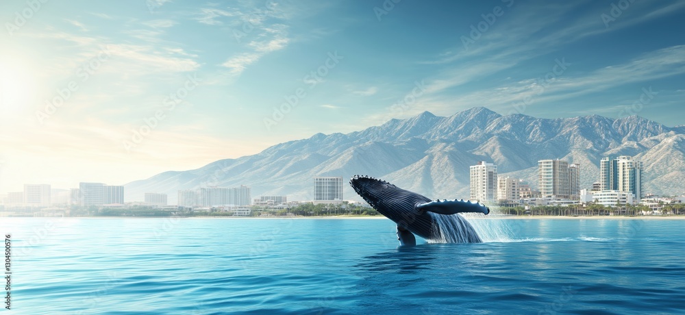 Fototapeta premium Humpback whale breaching near coastal city with mountains in background