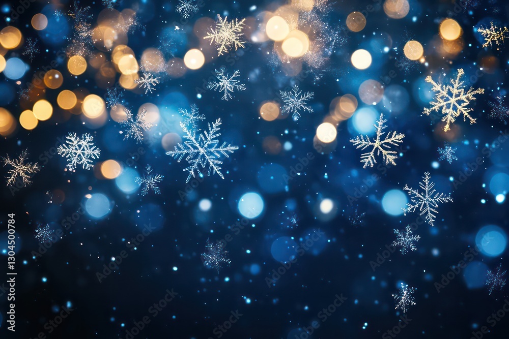 Fototapeta premium A winter-themed bokeh effect with shimmering blue, white, and silver lights resembling frost and snowflakes on a dark navy-blue background.