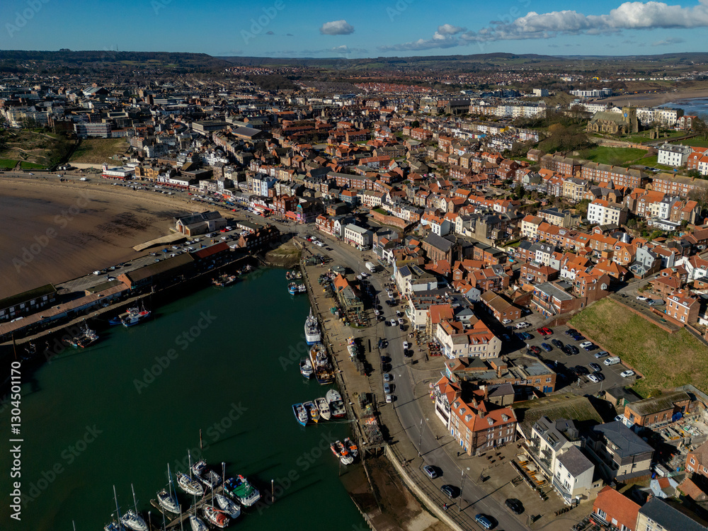 Fototapeta premium Aerial view of the harbor at the seaside town of Scarborough in North Yorkshire - United Kingdom
