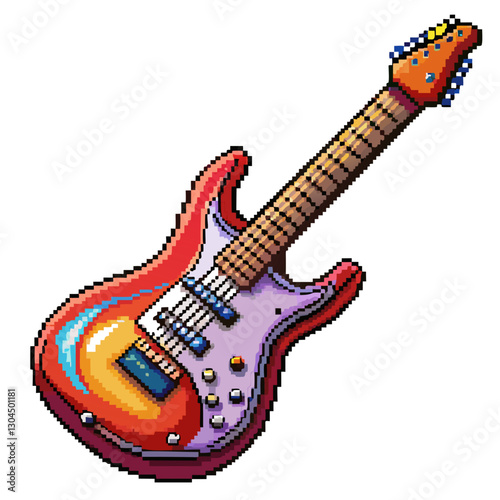 Colorful Retro Pixel Art Electric Guitar with Vibrant Details in Pixelated Style