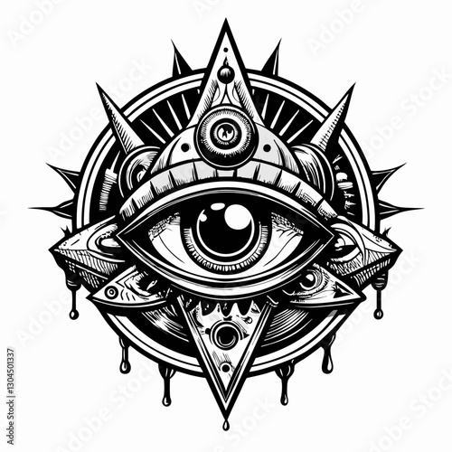 Intricate Black and White Eye Symbol with Geometric Elements and Dripping Details