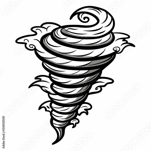 Dynamic Black and White Tornado Illustration with Swirling Clouds   Nature's Power in Monochrome Art