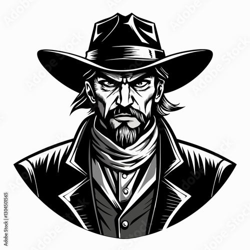 Vintage Cowboy Illustration Rugged Western Character in Black and White