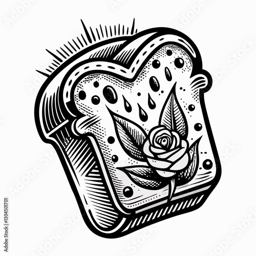 Artistic Black and White Tattoo Style Bread Slice with Rose Design