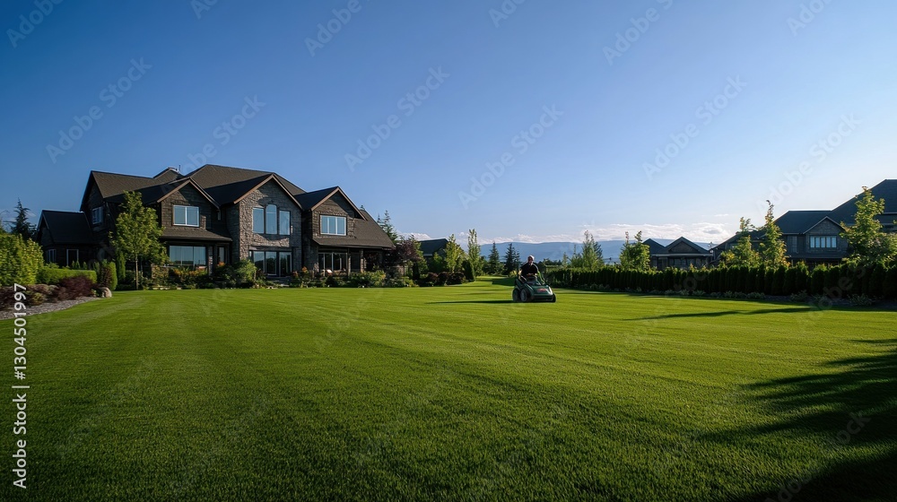 Obraz premium Serene Suburban Lawn Care: Man Mowing Vast Green Grass in Front of Luxurious Home