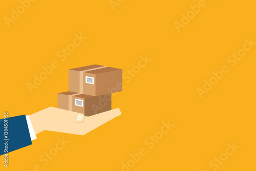 Delivery person hand holding two cardboard boxes, showcasing typical package delivery scenario.