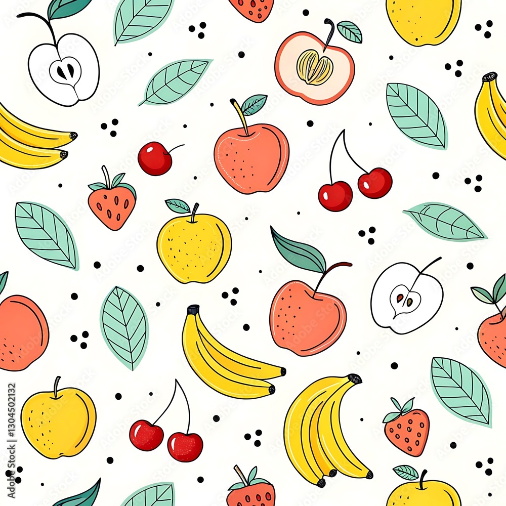Vibrant fruit pattern seamless design with apples bananas strawberries cherries red fun food cute Vibrant fruit pattern seamless design with apples bananas strawberries cherries red fun food cute