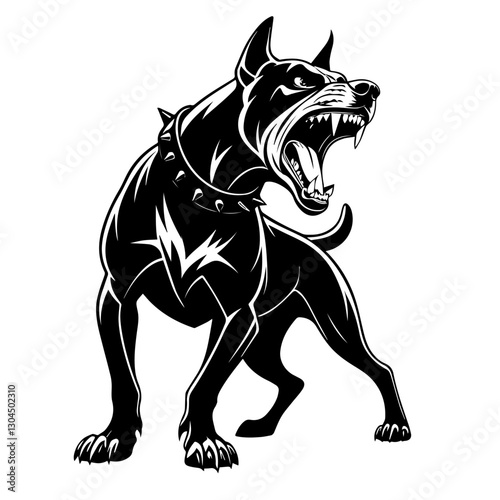 black and white vector drawing of an aggressive Doberman in full length, with an open mouth and bared teeth, showing his strength and fury, be careful: angry dog