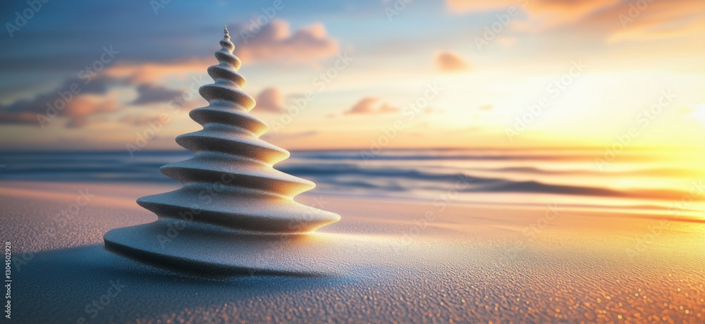Obraz premium Beautiful spiral sand sculpture on beach at sunset with ocean waves in background