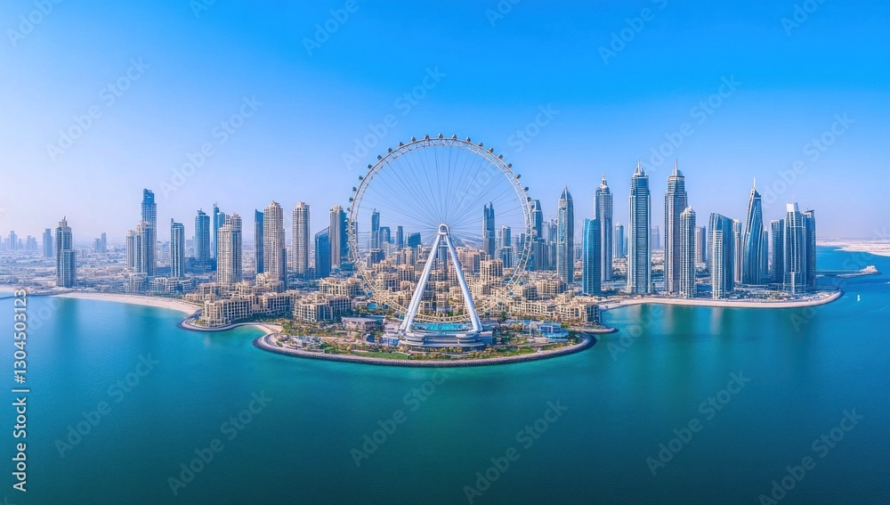 Fototapeta premium Panoramic aerial view of a Ferris wheel and modern cityscape on an island.
