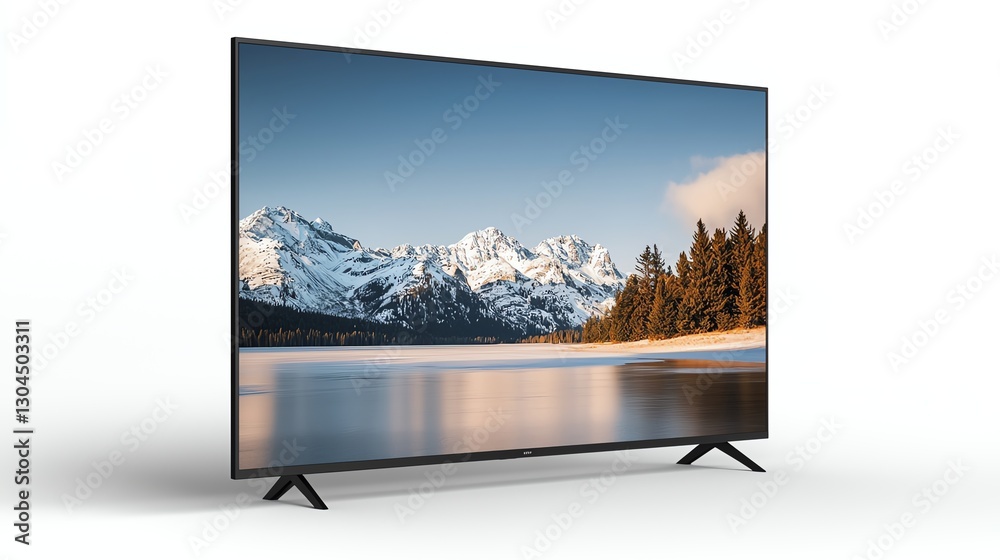 Fototapeta premium Ultra HD TV displaying a beautiful mountain landscape, perfect for modern living rooms and immersive viewing.