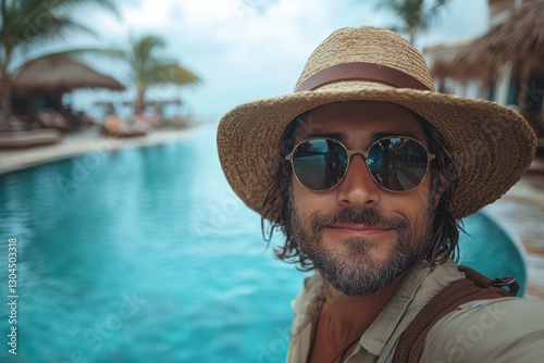 Captivating influencer capturing a tropical selfie beside a boat. Experience the charm of paradise with this social media influencer's photo op. photo