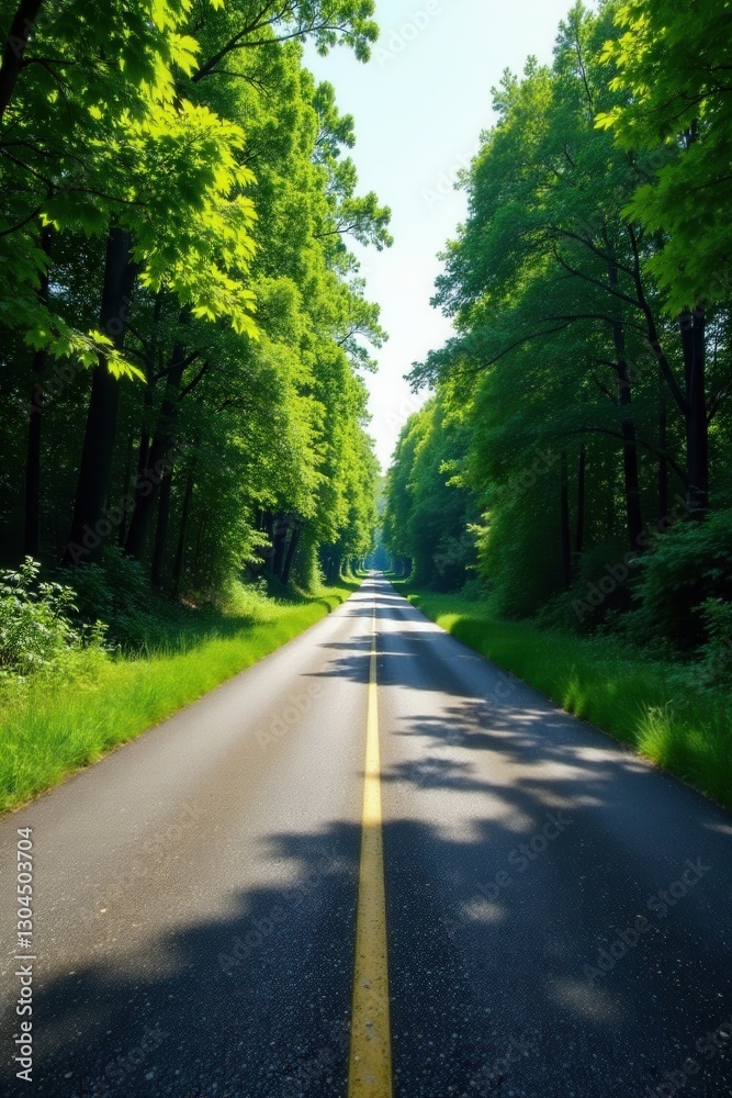 Fototapeta premium A scenic asphalt road winds through a lush green forest canopy, bathed in sunlight, creating a picturesque and tranquil atmosphere