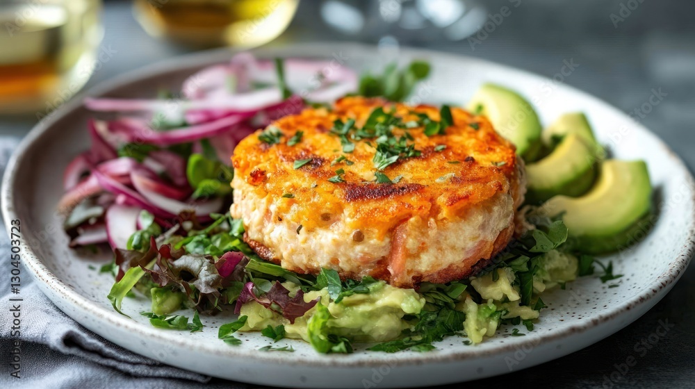 Delicious salmon patty on a plate with avocado and salad, wine glasses in background. Possible use recipe, food blog, cookbook Delicious salmon patty on a plate with avocado and salad, wine glasses in background. Possible use recipe, food blog, cookbook